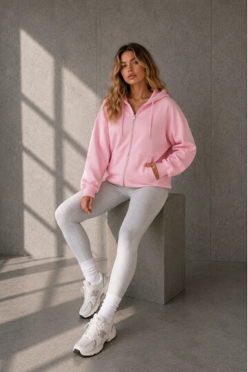 2501 Fermuarlı Kapüşonlu Sweatshirt Pembe