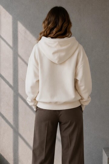 2501 Fermuarlı Kapüşonlu Sweatshirt Taş