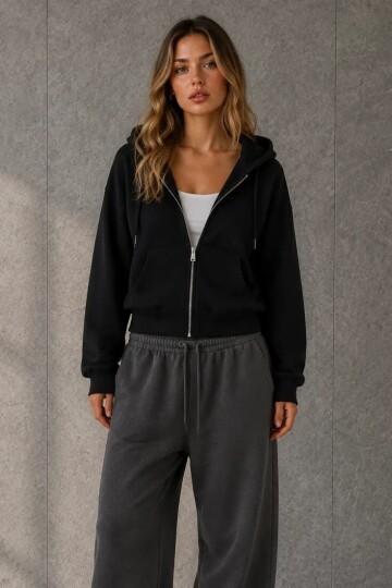 2503 Kapüşonlu Fermuarlı Sweatshirt Siyah
