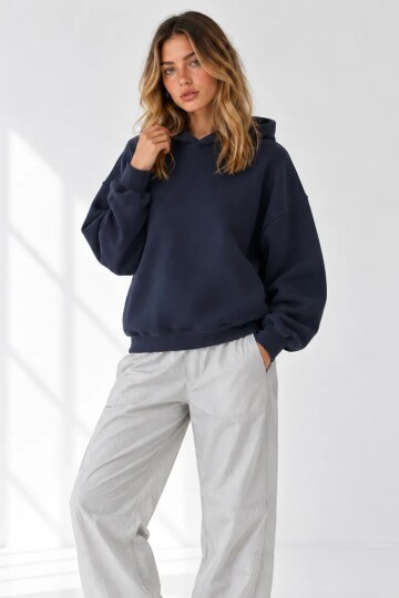 25122 Beli Lastikli Kapüşonlu Sweat Lacivert