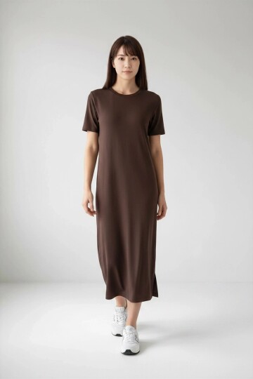 26674 Bisiklet Yaka Oversize Elbise Acı Kahve