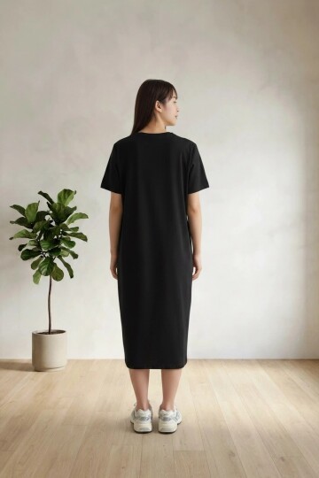 26674 Bisiklet Yaka Oversize Elbise Siyah