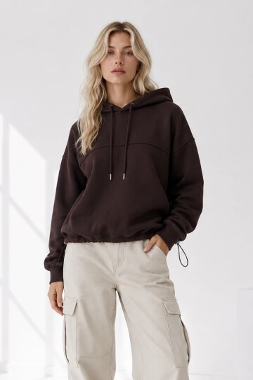 2761 Beli Sıkmalı Kapüşonlu Sweat Kahve
