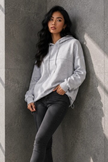 2761 Beli Sıkmalı Kapüşonlu Sweat Karmelanj