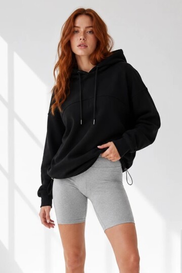 2761 Beli Sıkmalı Kapüşonlu Sweat Siyah