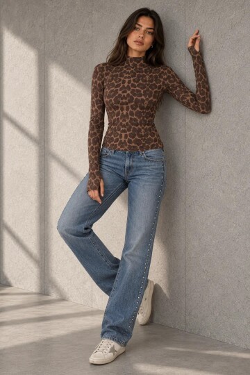 2842 Parmak Geçirmeli  Bluz Leopar