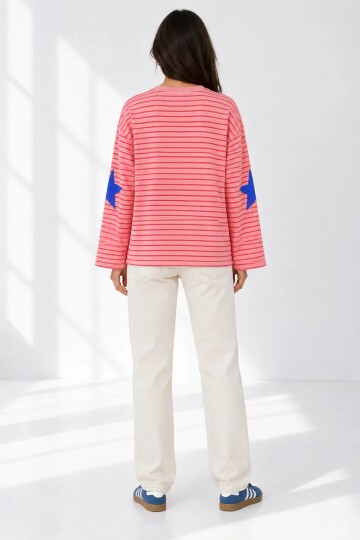 3073 Baskılı Çizgili Sweat Pembe