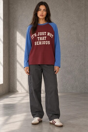 3095 Yazı Baskılı Reglan Kol Sweat Mürdüm