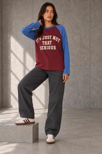 3095 Yazı Baskılı Reglan Kol Sweat Mürdüm