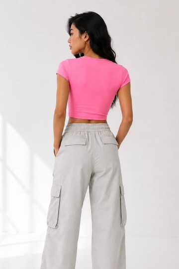 4084 Bisiklet Yaka Crop Pembe