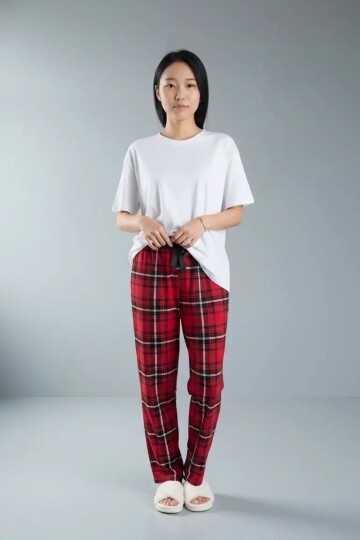 4517 Ekose Desen Pijama Altı Kırmızı