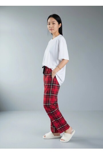 4517 Ekose Desen Pijama Altı Kırmızı