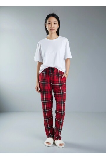 4517 Ekose Desen Pijama Altı Kırmızı