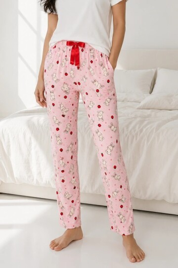 4550 Tavşan Desen Pijama Altı Pembe