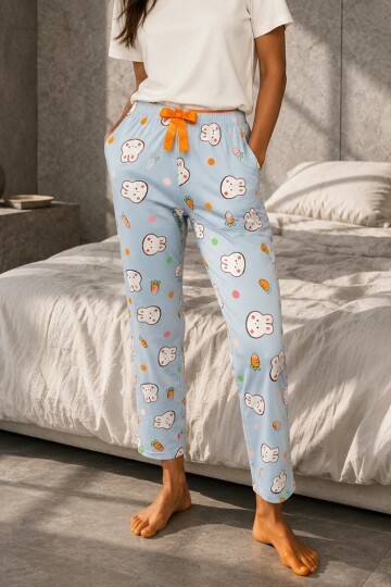 4551 Tavşan Desen Pijama Altı Bebe Mavi