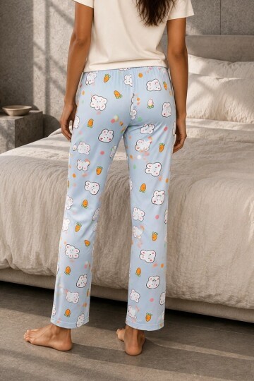 4551 Tavşan Desen Pijama Altı Bebe Mavi