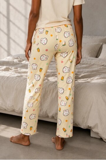 4551 Tavşan Desen Pijama Altı Bej