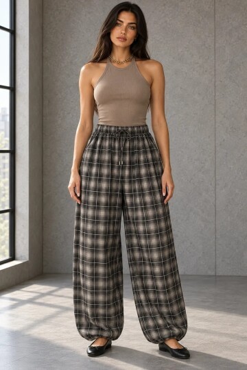 51466 Paça Pileli Ekose Desen Baggy Pantolon Kahve