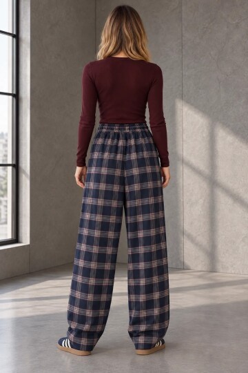 51486 Ekose Desen Pantolon Lacivert