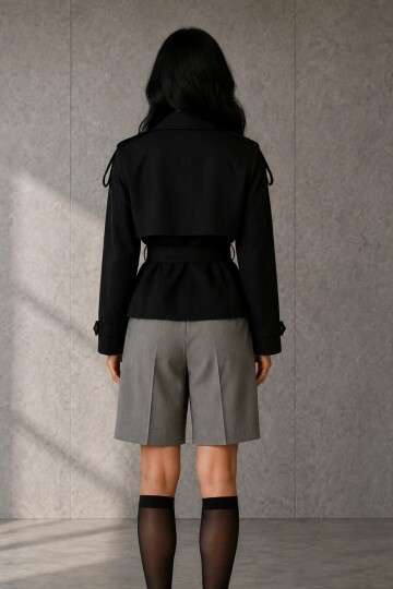 5160 Dik Yaka Kuşaklı Kısa Trençkot Siyah