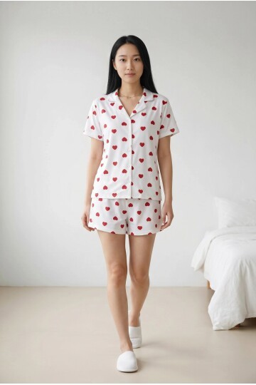5303 Kalp Desenli Şortlu Pijama Takımı Ekru