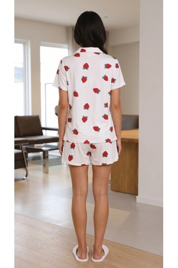 5305 Çilek Baskılı Şortlu Pijama Takımı Ekru