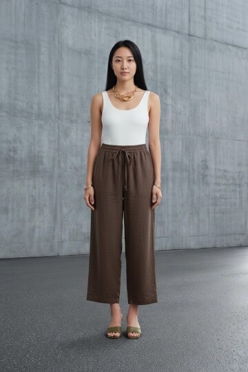 5812 Beli Lastikli Keten Pantolon Kahve