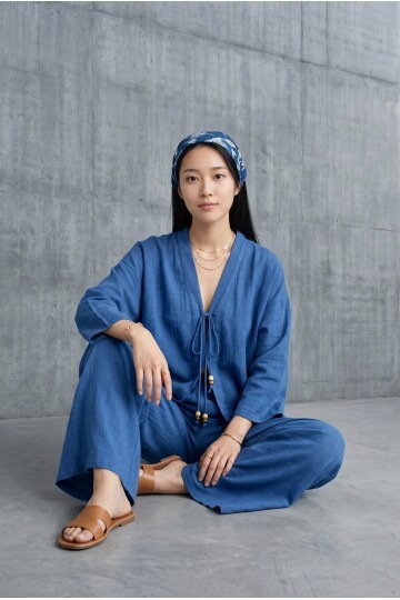 6727  Önü Bağlamalı Keten Kimono Takım İndigo