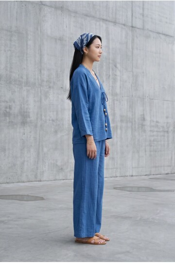 6727  Önü Bağlamalı Keten Kimono Takım İndigo