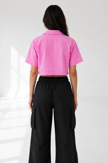 7037 Kapak Cepli Crop Gömlek Pembe
