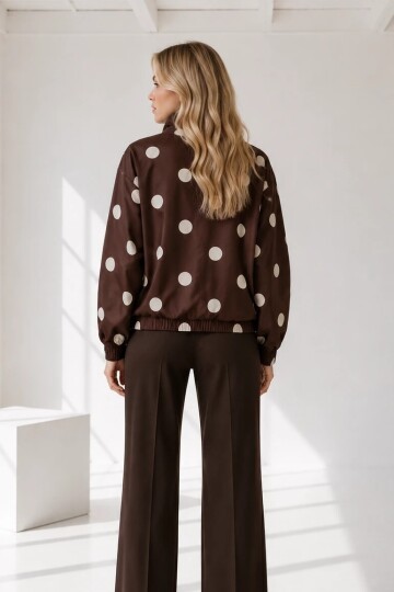 9757 Puantiyeli Dik Yaka Astarlı Ceket Kahve
