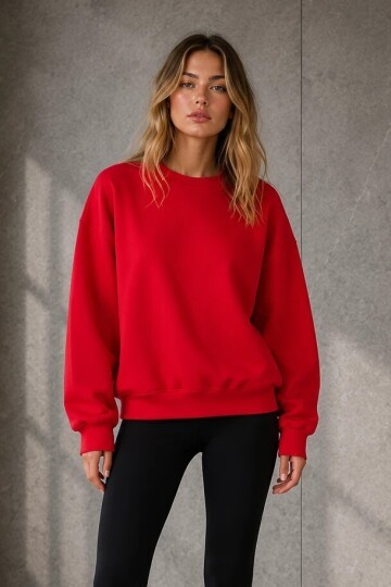 D9544 Bisiklet Yaka Üç İplik Sweat Kırmızı