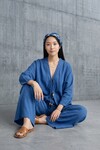 6727  Önü Bağlamalı Keten Kimono Takım İndigo